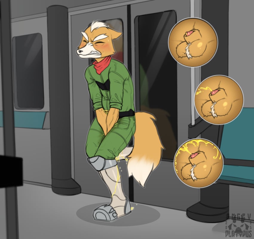 angry_platypus anthro bodily_fluids canid canine fox fox_mccloud genital_fluids hi_res humiliation male mammal nintendo omorashi peeing solo star_fox urine watersports wetting
