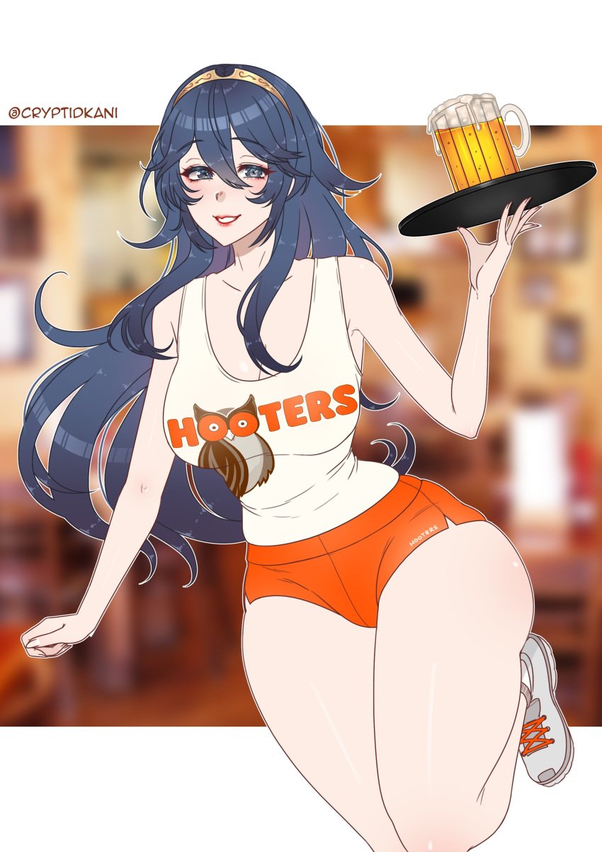 1girls alcohol alternate_costume bare_legs bare_thighs beer blue_eyes blue_hair breasts cleavage cryptid_crab drink fire_emblem fire_emblem_awakening hooters long_hair lucina_(fire_emblem) medium_breasts nintendo shorts solo symbol-shaped_pupils tank_top thick_thighs thighs thin_arms thin_waist waitress wide_hips