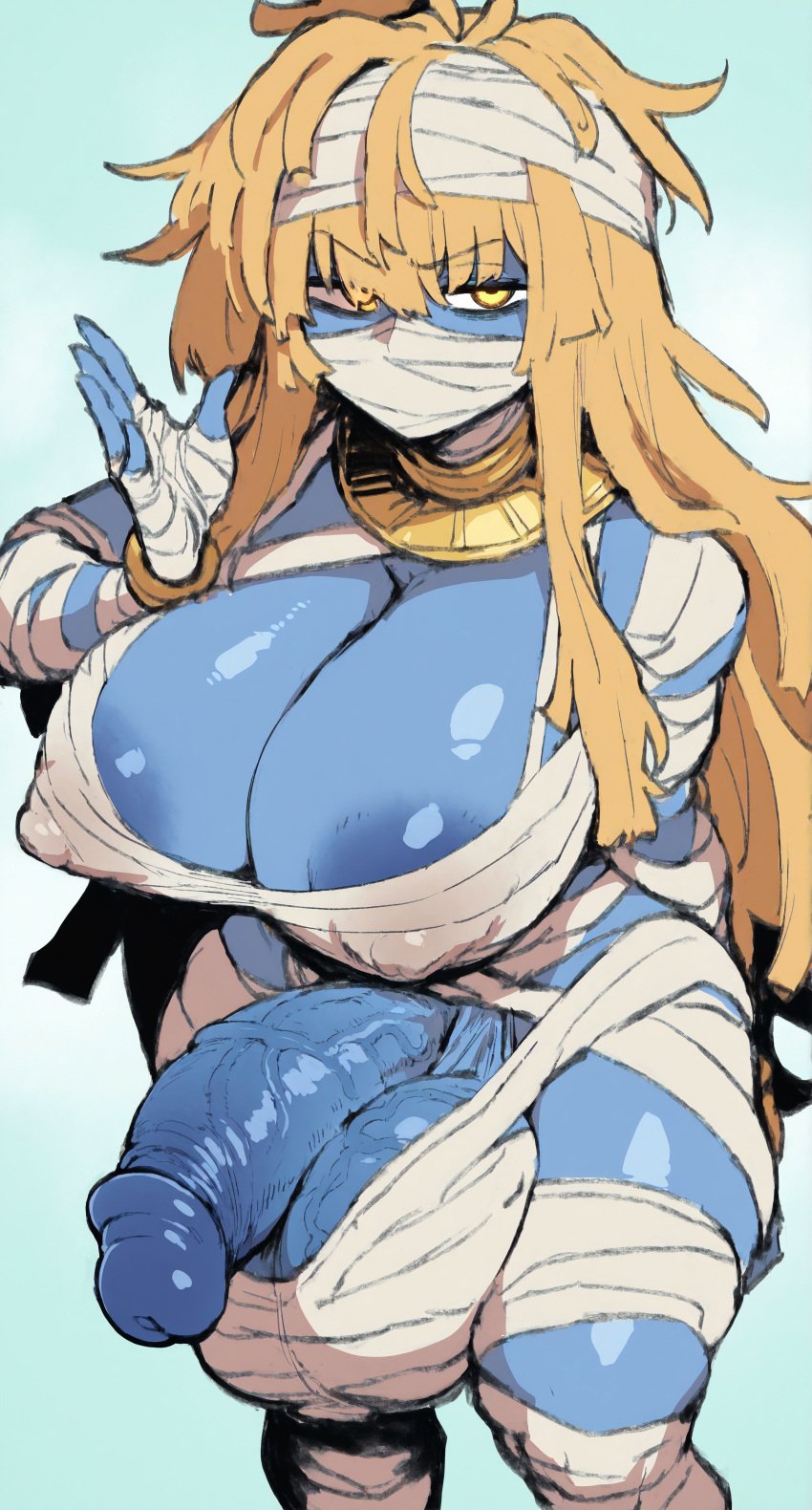 1futa ai_generated balls bandage bandages big_balls big_breasts blonde_hair blue_skin breasts colored_skin covered_nipples futa_only futaalover futanari gigantic_balls gigantic_testicles glowing_eyes huge_balls intersex large_areolae large_balls large_breasts large_nipples large_testicles mummy mummy_girl penis veiny_balls veiny_penis veiny_testicles yellow_eyes