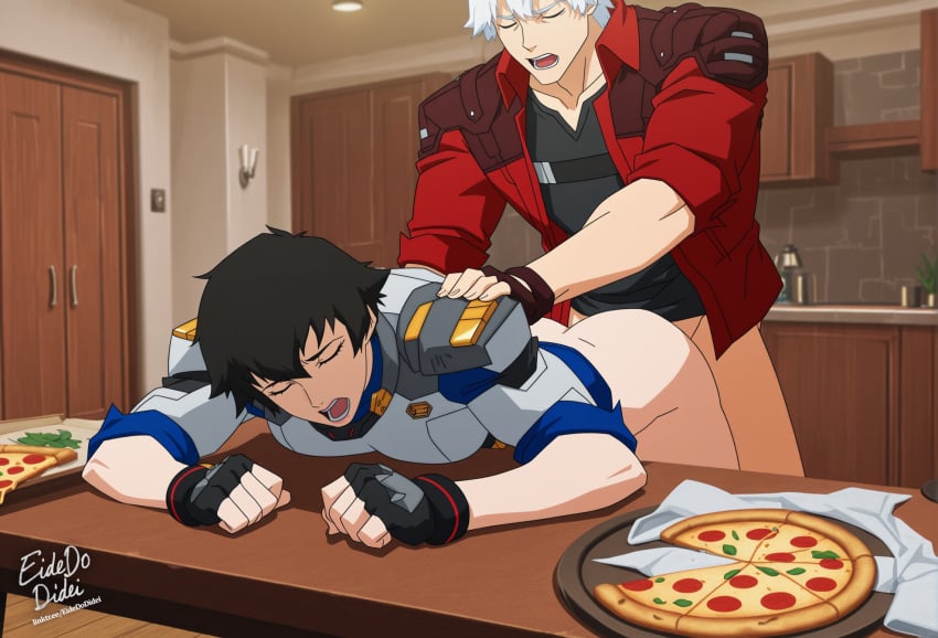 1boy 1girls ai_generated black_hair bottomless closed_eyes dante_(devil_may_cry) devil_may_cry devil_may_cry_(netflix) eidedodidei female indoors kitchen lady_(devil_may_cry) male moaning pizza self_upload sex sex_from_behind straight table white_hair