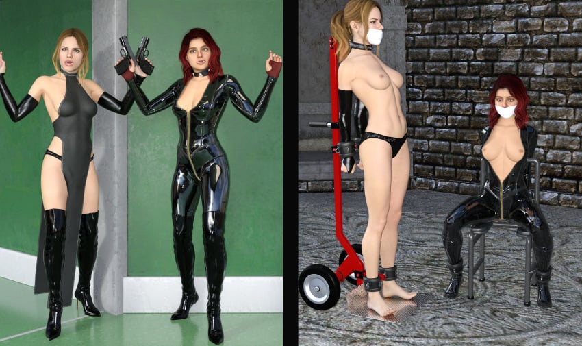2girls 3d abigail_blyg arms_behind_back before_and_after black_panties blonde_hair bodysuit bondage bound_ankles bound_wrists breasts_out emma_mountebank female female_only gag gagged gun open_bodysuit panties pelvic_curtain red_hair regaliarender the_quarry topless topless_female weapon