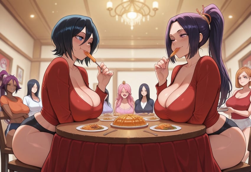 ai_generated big_ass big_breasts bleach blush bomboclatt3000 breasts celebration clothing dih eating female female_only happy hyuuga_hinata jujutsu_kaisen kuchiki_rukia kugisaki_nobara matsumoto_rangiku naruto one_piece open_mouth party perona shihouin_yoruichi thick_thighs unohana_retsu
