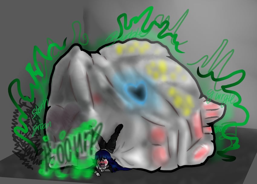 blue_hair blue_star_(lobotomy_corporation) blush bongbong burp fat_fuck krafttriples laying_on_stomach lobotomy_corporation mass_vore project_moon stomach_noises suit vore