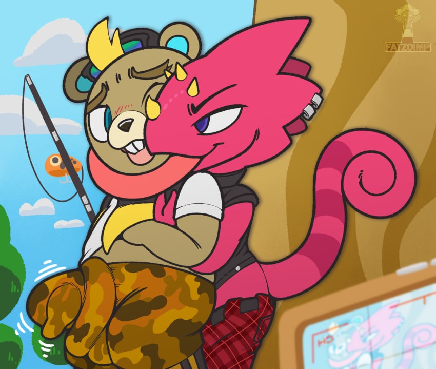 2021 animal_crossing anthro beaver big_bulge black_clothing black_jacket black_jacket_vest black_topwear black_vest blue_eyes blush bottomwear brown_body brown_fur buckteeth bulge c.j._(animal_crossing) camo camo_bottomwear camo_clothing camo_print chameleon chameleon_tail clothed clothing clothing_lift cloud digital_drawing_(artwork) digital_media_(artwork) duo embrace eyewear eyewear_on_head fatzoimp fishing_rod flick_(animal_crossing) fur headgear headwear hi_res horn hug hugging_from_behind jacket jacket_vest lizard long_tongue male male/male mammal markings nintendo one_eye_closed oral overweight overweight_male pattern_bottomwear pattern_clothing phone piercing plaid plaid_bottomwear plaid_clothing plant purple_eyes red_body red_scales reptile rodent scales scalie sex shirt shorts striped_body striped_markings striped_scales striped_tail stripes sunglasses sunglasses_on_head tail_markings teeth thick_thighs tight_clothing tongue tongue_fetish tongue_fucking tongue_out tonguejob topwear tree vest video_games watermark white_clothing white_shirt white_topwear