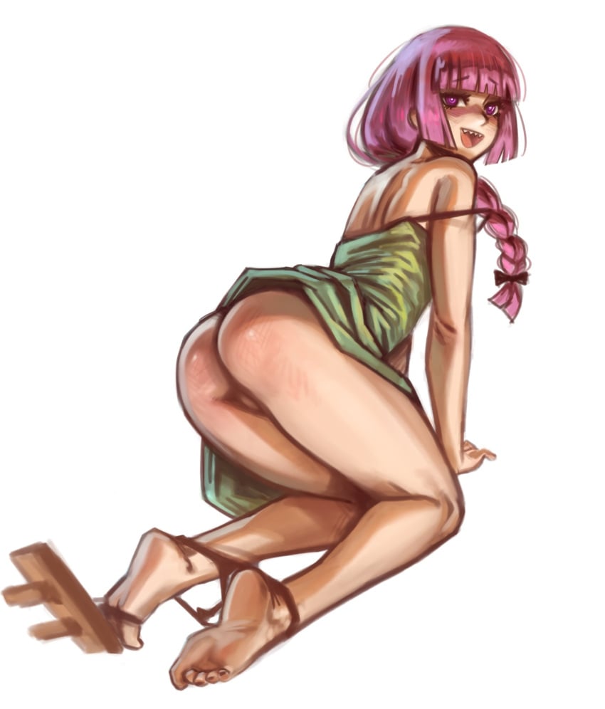 1girls adult ass bare_arms bare_legs bare_shoulders bare_thighs barefoot bent_over bocchi_the_rock! braided_ponytail digital_drawing_(artwork) dress_up exposed_back feet female geta green_dress half-dressed half_naked hime_cut hiroi_kikuri looking_at_viewer looking_back nail_polish onicristice panties_around_legs panties_down purple_eyes purple_hair pussy ribbon sandals sharp_teeth simple_background sketch smile vagina