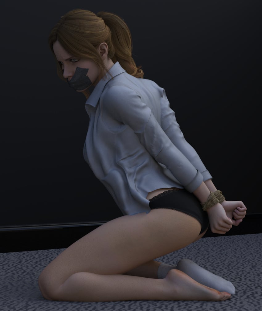 1girls 3d arms_behind_back arms_tied arms_tied_behind_back black_panties bondage bound_wrists brown_hair emma_mountebank female gag gagged kidnapped kneeling panties ponytail regaliarender shirt_and_panties solo tape_gag taped_mouth the_quarry
