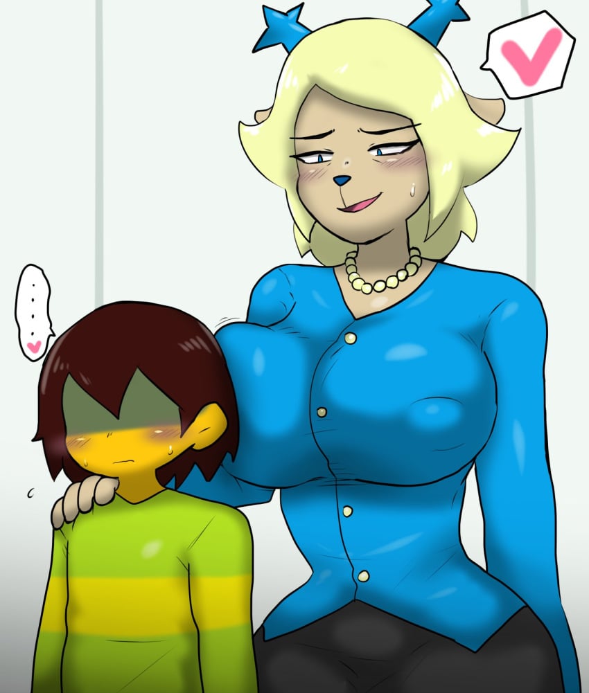 1boy1girl 2025 anthro blonde_hair blue_clothing blue_shirt carol_holiday deltarune digital_art digital_drawing_(artwork) digital_media_(artwork) digital_painting_(artwork) duo duo_focus enigi09 erect_nipples_under_clothes female_anthro green_shirt hair_between_eyes hand_on_shoulder hi_res high_resolution human human/anthro kris_(deltarune) looking_at_partner male/female mature mature_anthro mature_female mature_woman milf no_penetration no_sex older_female_and_younger_male reindeer short_male size_difference tall taller_female yellow_body