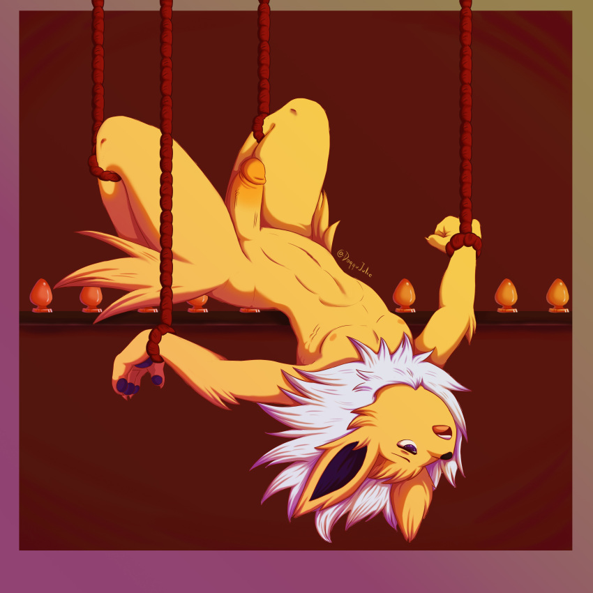 1:1 absurd_res anthro anthrofied bondage bondage bound buttplug eeveelution erection hi_res jolteon male nintendo pawsy-paws plug_(sex_toy) pokémon_(species) pokémorph pokemon sex_toy solo suspension video_games