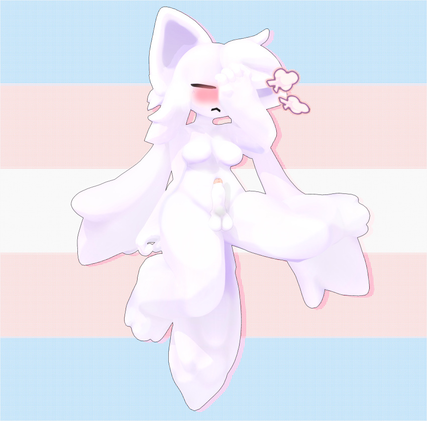 3d_(artwork) absurd_res anthro balls canid canine digital_media_(artwork) english_text erection fur genitals hair hi_res mammal nude penis pride_colors pride_flag simple_background solo text tivkey_(artist) transgender_pride_colors waking_up