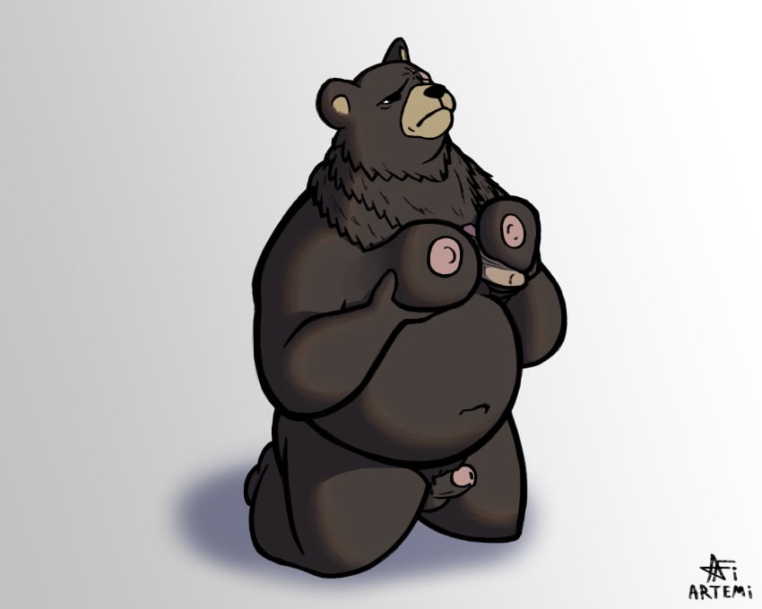 5:4 absurd_res anthro artemi bear belly ben_bigger big_belly big_moobs big_nipples genitals hi_res male mammal mihoyo missing_eye moob_grab moob_grope moobjob moobs nipples overweight overweight_anthro overweight_male penis self_grope sex simple_background solo zenless_zone_zero