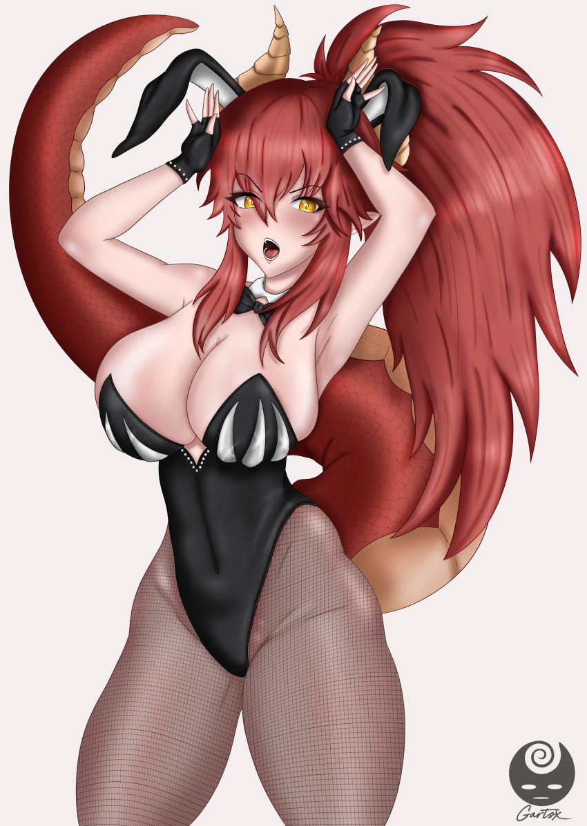 big_breasts blush breasts bunny bunny_costume bunny_ear bunny_ears bunny_girl bunny_tail bunnysuit dragon eyebrows_visible_through_hair female_only gartsx horns large_breasts pointy_ears red_hair solo tail thick_thighs virtual_youtuber vshojo yellow_eyes zentreya