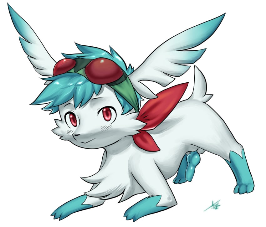 2021 animal_genitalia animal_penis aogami balls blue_hair blue_penis canine_penis chest_tuft feral flight_goggles fur genitals hair knot leg_markings legendary_pokemon male markings nintendo penis pokémon_(species) pokemon pokemon_(species) red_eyes shaymin shrike_(shaymin) simple_background sky_forme_shaymin socks_(marking) solo tuft video_games white_background white_body white_fur