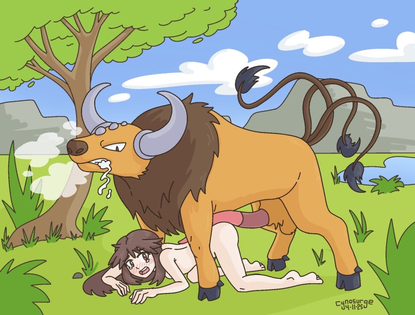 anatomically_correct_genitalia background bestiality bull bull_penis color cynosurge feral_on_female feral_on_human interspecies leaf_(pokemon) naked naked_female non-con pokemon pokemon_(species) pokemon_frlg pokephilia rape tauros tears zoophilia