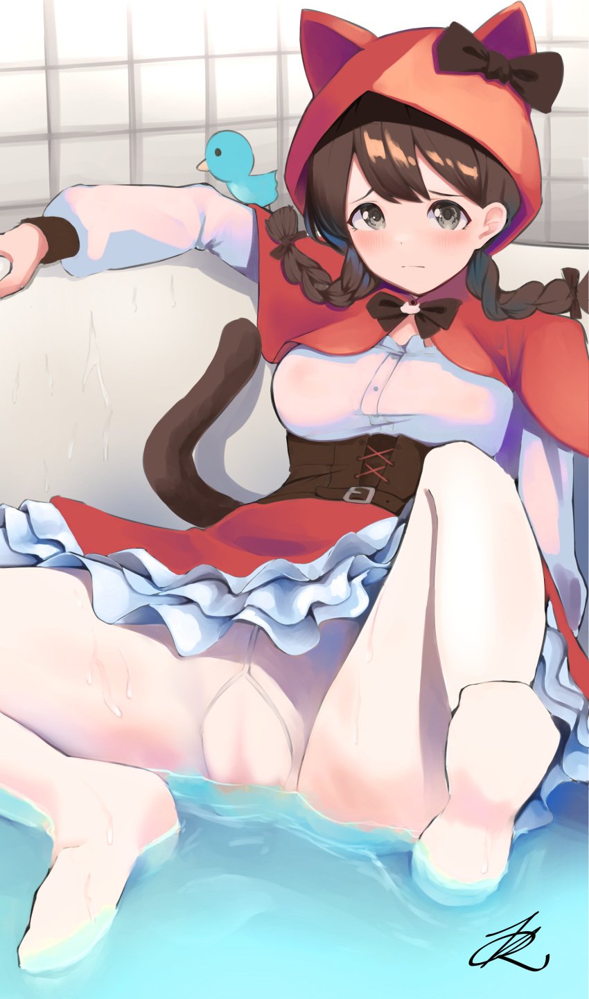 akiands27 bath bathtub black_bow black_eyes black_hair bow braided_hair breasts cat_ears cat_tail clothed embarrassed feet huge_breasts humiliation looking_at_viewer pantyhose red_hood red_riding_mina shy skirt tagme the_battle_cats wet white_pantyhose