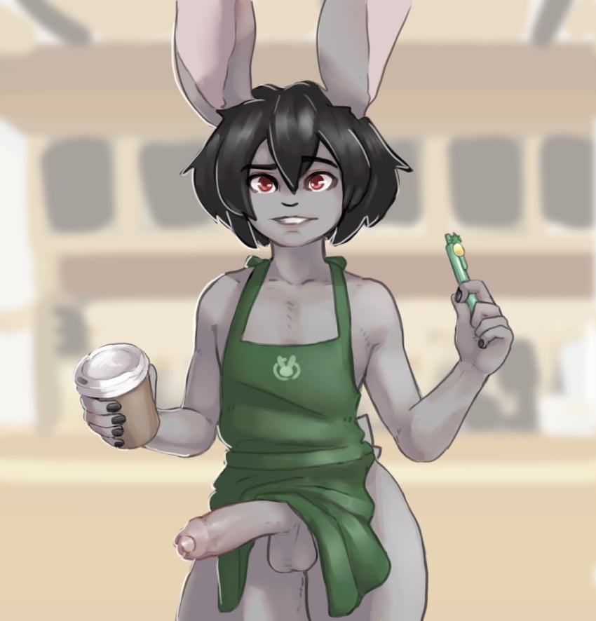 animal_humanoid anthro apron apron_only big_penis black_hair black_nails bodily_fluids clothing colored_nails foreskin genital_fluids genitals girly green_apron hair humanoid humanoid_genitalia i_mean_breast_milk iced_latte_with_breast_milk iced_latte_with_dick_milk lagomorph leporid male mammal meme mostly_nude nails penis psychobun rabbit red_eyes sibeth solo starbucks