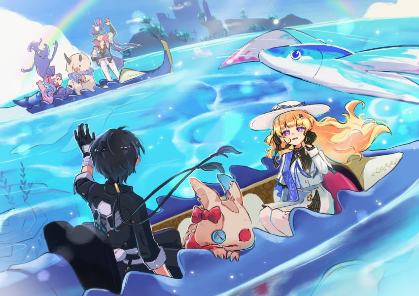 absurdres beartic black_gloves black_hair blonde_hair boat brant_(wuthering_waves) fish flying_fish gloves hat highres long_hair male male_rover_(wuthering_waves) on_boat phoebe_(wuthering_waves) rainbow roccia_(wuthering_waves) rover_(wuthering_waves) smile watercraft wuthering_waves