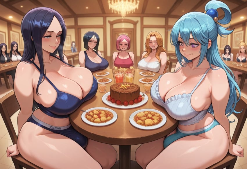 ai_generated aqua_(konosuba) big_ass big_breasts bleach blush bomboclatt3000 breasts bulge celebration dih futa_only futanari happy hyuuga_hinata intersex kono_subarashii_sekai_ni_shukufuku_wo! matsumoto_rangiku naruto one_piece party perona thick_thighs unohana_retsu