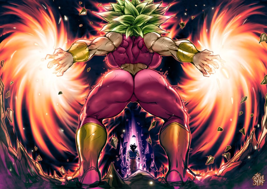 1boy 1girls ass back_muscles backboob big_breasts big_butt breasts butt detailed_background dragon_ball dragon_ball_super energy female fusion green_hair hi_res hips huge_ass huge_breasts kefla legendary_super_saiyan muscular muscular_female perky_breasts plump_labia pussy pussy_bulge skintight son_goku super_saiyan super_saiyan_2 thegoldensmurf thick_thighs thighs tournament_of_power ultra_instinct wide_hips