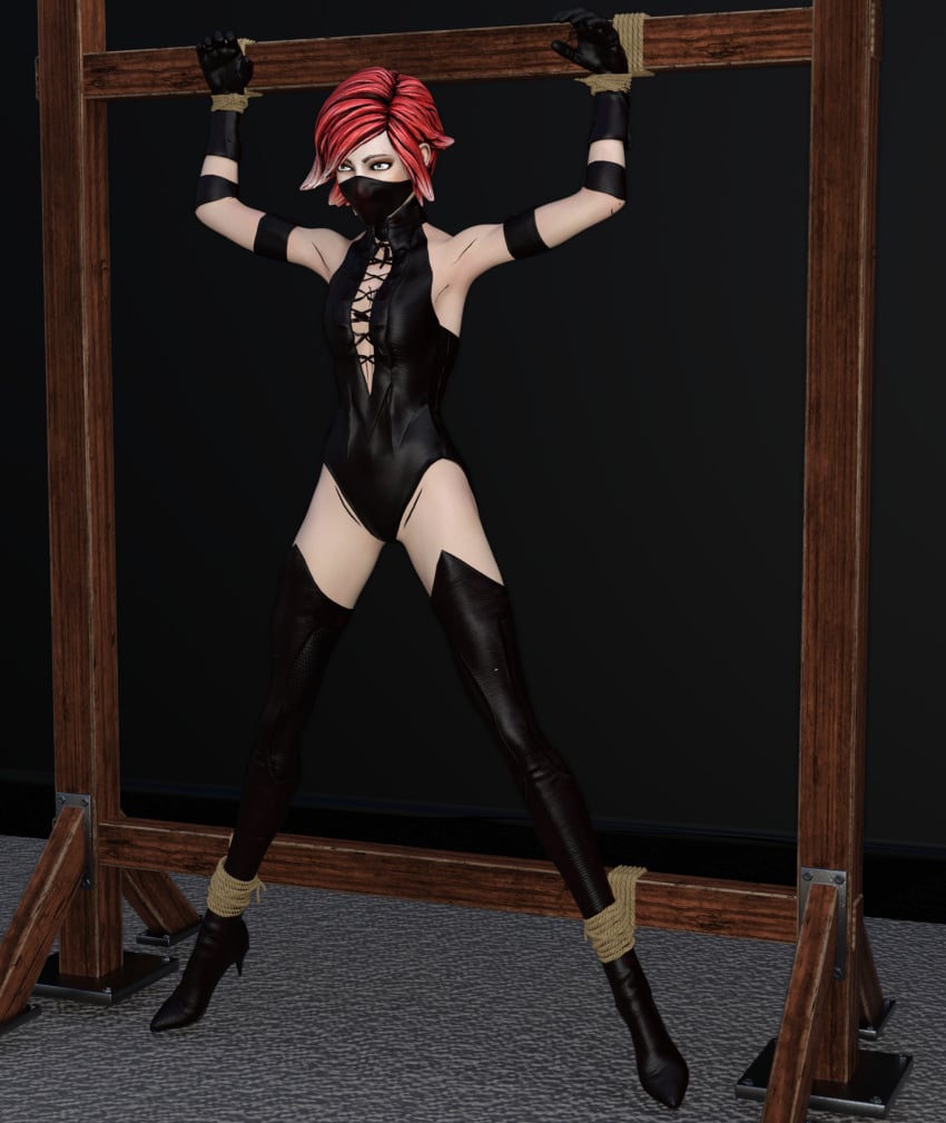 1girls 3d borderlands bound_ankles bound_wrists face_mask female leotard lilith_(borderlands) red_hair regaliarender small_ass solo