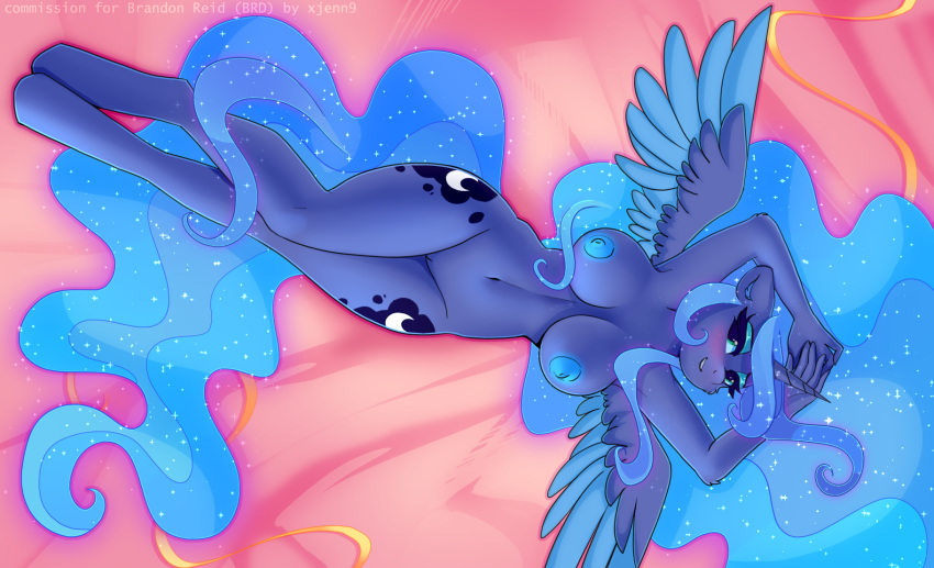 2021 5_fingers alicorn anthro areola breasts cutie_mark digital_media_(artwork) equid equine female fingers friendship_is_magic genitals hasbro hi_res horn looking_at_viewer lying mammal my_little_pony nude on_back princess_luna_(mlp) pussy solo wings xjenn9