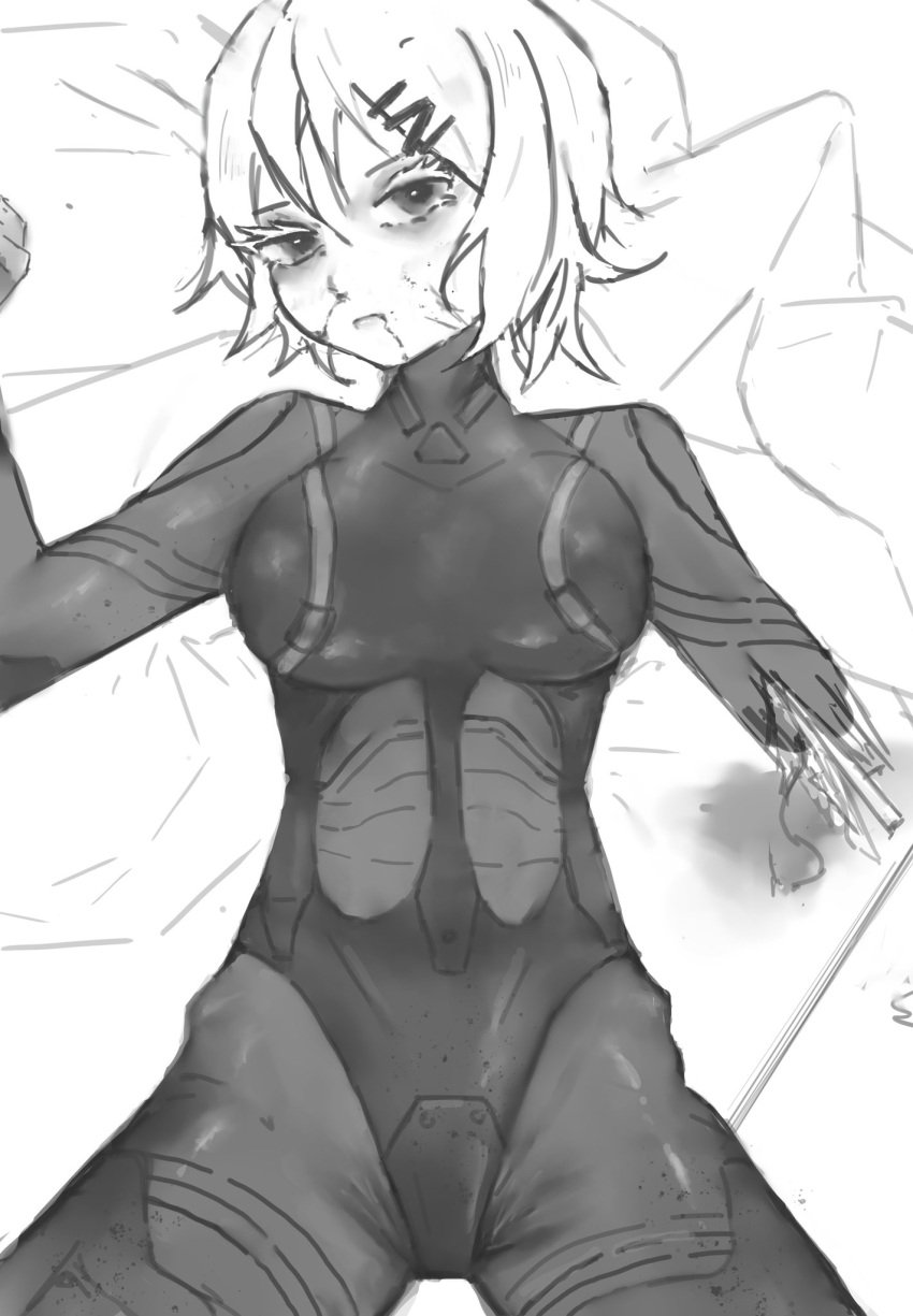 black_and_white blue_eyes breasts gun legs_together marie_(peripeteia) monochrome peripeteia tummy white_hair