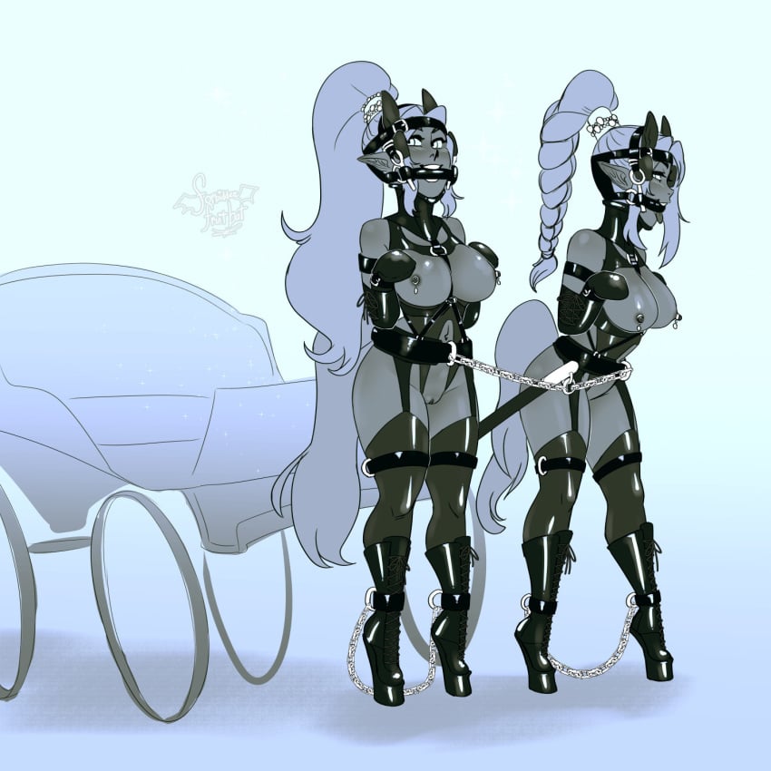 big_breasts bit_gag bondage bondage_gear bondage_outfit breasts cart elf elf_ears female forbiddenfruitbat harness harness_gag hobbled my_pet_tentacle_monster plug_tail pointy_ears pony_boots pony_tail ponygirl ponyplay
