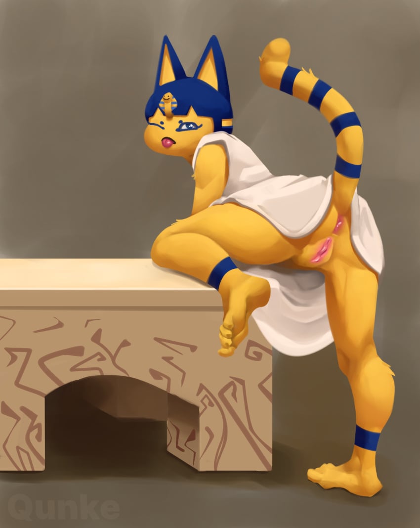 4_toes absurd_res animal_crossing ankha ankha_(animal_crossing) anthro anus artist_name ass barefoot claws clothed clothing digital_media_(artwork) digital_painting_(artwork) domestic_cat egyptian feet felid feline felis female fur furry furry_only genitals hi_res looking_back mammal nintendo no_underwear one_eye_closed presenting presenting_anus presenting_hindquarters presenting_pussy pussy qunke raised_leg soles solo tail toe_claws toe_curl toes tongue tongue_out uraeus video_games wink