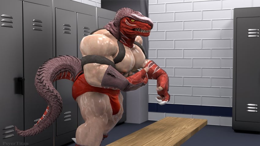 2021 3d_(artwork) animal_head anthro armband artist_name bench big_bulge big_muscles boots bottomwear bulge claws clothing digital_media_(artwork) dinosaur fingerless_gloves footwear for_a_head gloves handwear huge_muscles inside king_of_dinosaurs king_of_fighters locker locker_room looking_at_viewer male male_only muscular muscular_anthro muscular_male pecs psyertitan reptile scalie snk solo standing video_games