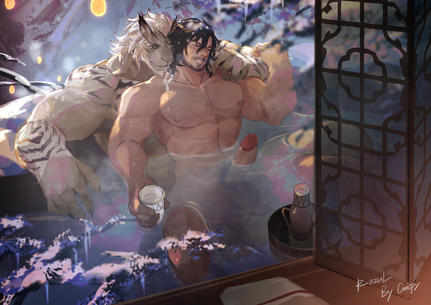 2boys abs absurd_res amazing_background anal anthro anthro_penetrating anthro_penetrating_human balls beard beverage big_pecs big_penis crrispy_shark detailed_background duo erection facial_hair felid final_fantasy final_fantasy_xiv fur gay genitals hair hi_res hot_spring hrothgar human human_on_anthro human_penetrated hyur interspecies larger_anthro male male/male male_only mammal muscular muscular_anthro muscular_human muscular_male nipples nude on_lap onsen pecs penetration penis romantic romantic_couple sitting_on_lap size_difference smaller_human smaller_penetrated square_enix tea video_games water white_body white_fur white_hair yaoi