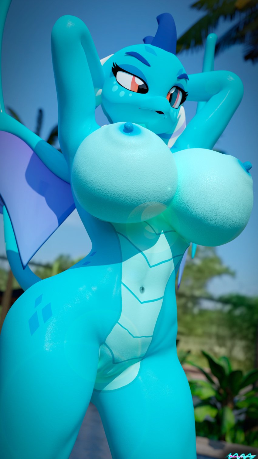 3d_(artwork) 4k 9:16 absurd_res amber_eyes anthro areola big_breasts blue_body blue_scales breasts digital_media_(artwork) dragon female friendship_is_magic genitals hands_behind_head hasbro hi_res huge_breasts lens_flare membrane_(anatomy) membranous_wings my_little_pony navel nipples non-mammal_breasts nude nyaasapphire princess_ember_(mlp) pussy scales solo whackysquire wings