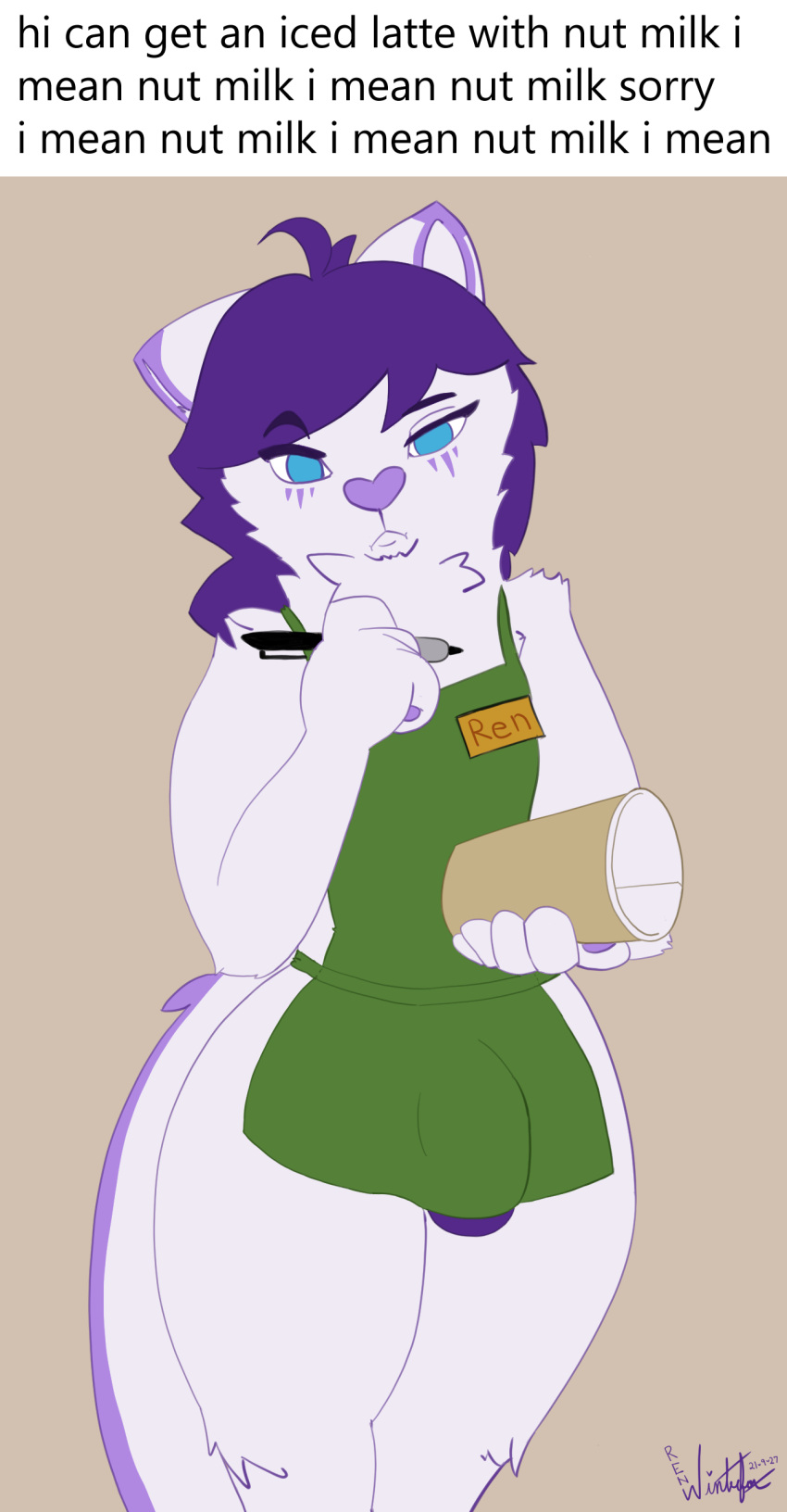 absurd_res anthro apron apron_only blue_eyes bulge canid canine clothing container cup english_text fluffy fox fur hair hi_res i_mean_breast_milk iced_latte_with_breast_milk iced_latte_with_dick_milk lilac_fur male mammal meme mostly_nude name_tag purple_hair ren_winterfox_(artist) ren_winterfox_(character) simple_background solo text white_body white_fur