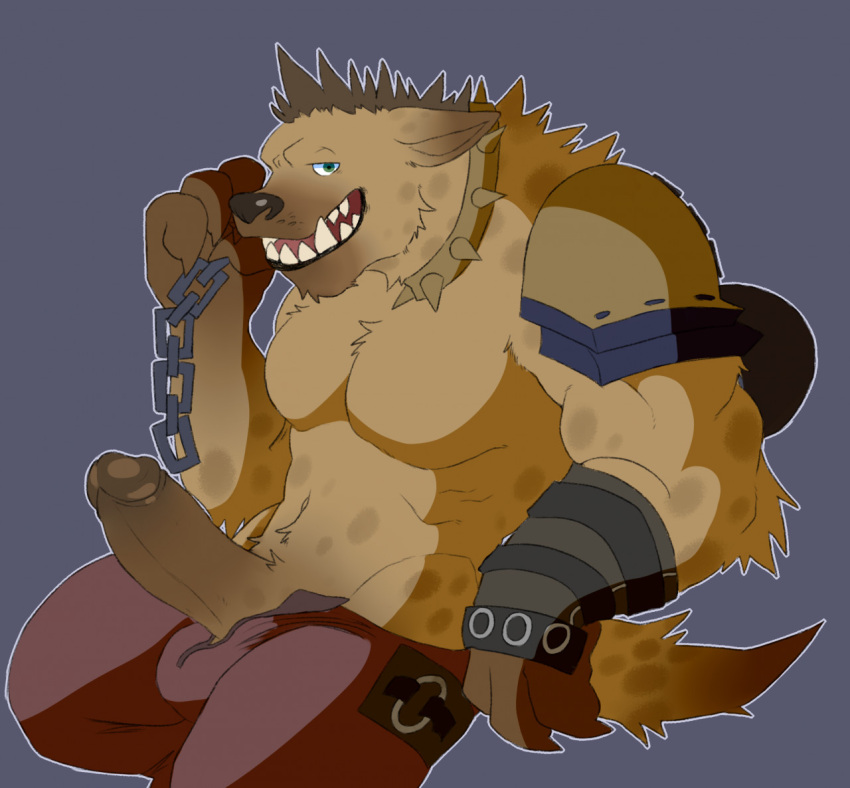 4_fingers anthro ball_bulge bedroom_eyes biceps big_penis blizzard_entertainment boner bottomwear brown_body brown_fur chains chest_tuft claws clothed clothing collar erection finger_claws fingers fleshformomo fur genitals gnoll green_eyes hogger hyaenid looking_at_viewer male male_only mammal muscular muscular_anthro muscular_male narrowed_eyes navel open_bottomwear open_clothing open_mouth open_pants open_smile pants pants_only pecs penis reclining seductive sharp_teeth shirtless simple_background sitting smile solo spiked_collar spikes spots spotted_body spotted_fur tan_body tan_fur teeth tongue tuft video_games warcraft