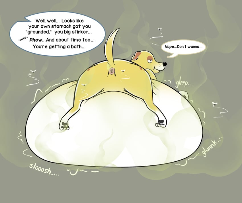 anus ass belly bloated bloated_belly blubberwhale_(artist) canid canine canis colored domestic_dog english_text female feral flies_for_smell fur looking_away lying mammal martha_lorraine martha_speaks morbidly_obese morbidly_obese_female morbidly_obese_feral obese obese_female obese_feral on_front overweight overweight_female overweight_feral pawpads paws raised_tail rumbling_stomach simple_background slob slosh sloshing_belly smelly solo stench stench_lines text white_body white_fur yellow_body yellow_fur