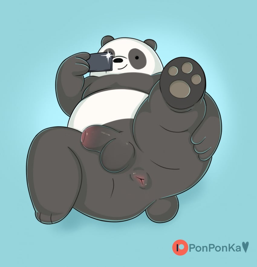 2021 3_fingers 3_toes anthro anus ass balls belly black_body black_nose black_pawpads blue_background cartoon_network cellphone dot_eyes feet fingers genitals giant_panda hi_res lying male male_only mammal overweight overweight_male panda_(wbb) pawpads paws penis phone ponponka simple_background smartphone solo toes ursid we_bare_bears white_body