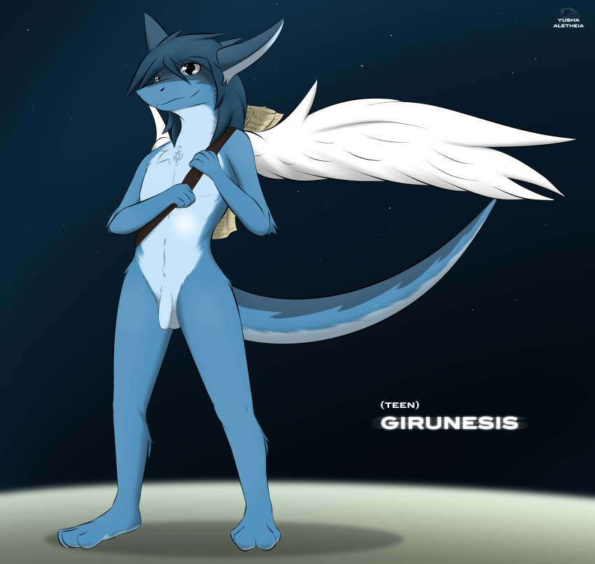 absurd_res anthro balls blue_body blue_eyes blue_fur dragon feathered_wings feathers flaccid fur furred_dragon genitals giru giru_(artist) hi_res male night_sky nude penis scroll solo spread_wings wings young