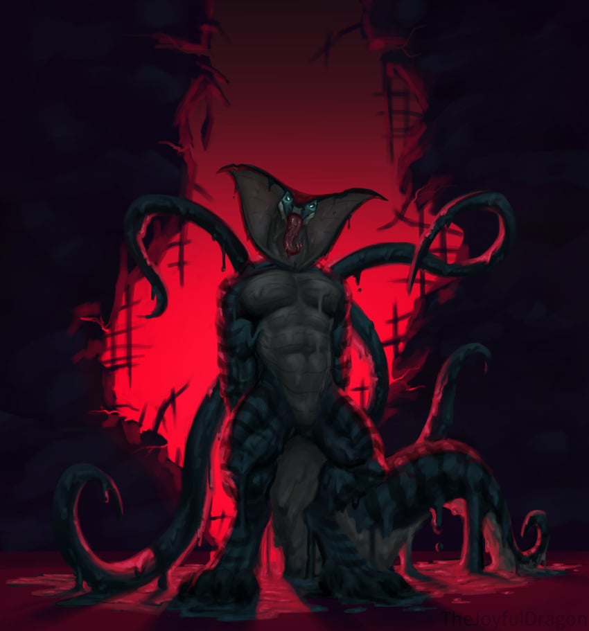 absurd_res anthro back_tentacles black_goo goo_(disambiguation) goo_creature hi_res male_focus male_only muscular reptile scalie snake tentacle thejoyfuldragon tongue