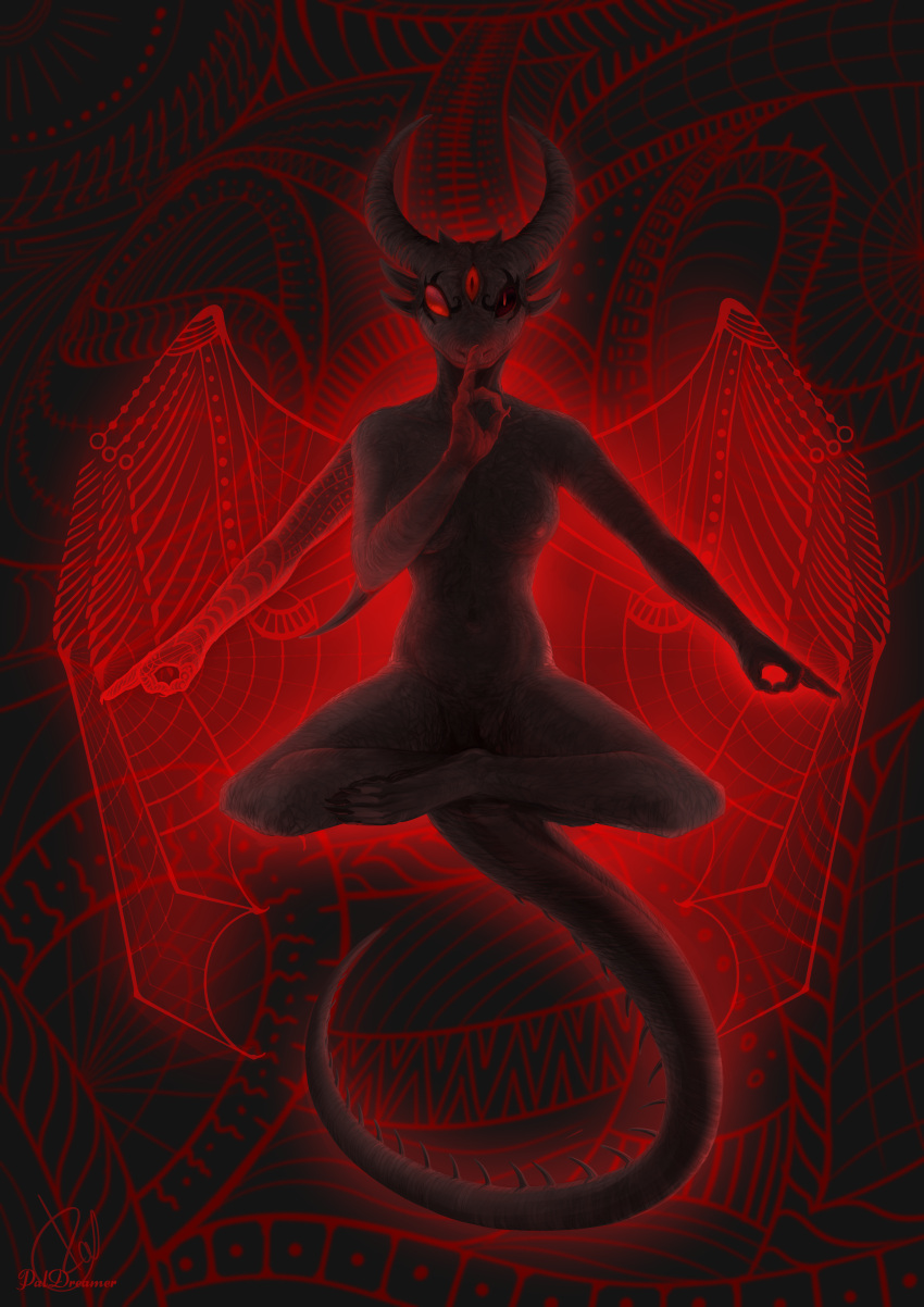 3_eyes absurd_res anthro black_and_red black_body black_skin breasts demon female hi_res horn jinn looking_at_viewer meshuggah monochrome multi_eye nipples nude obzen obzen_pose paldreamer psychedelic red_eyes simple_background solo wings yetzer_hara