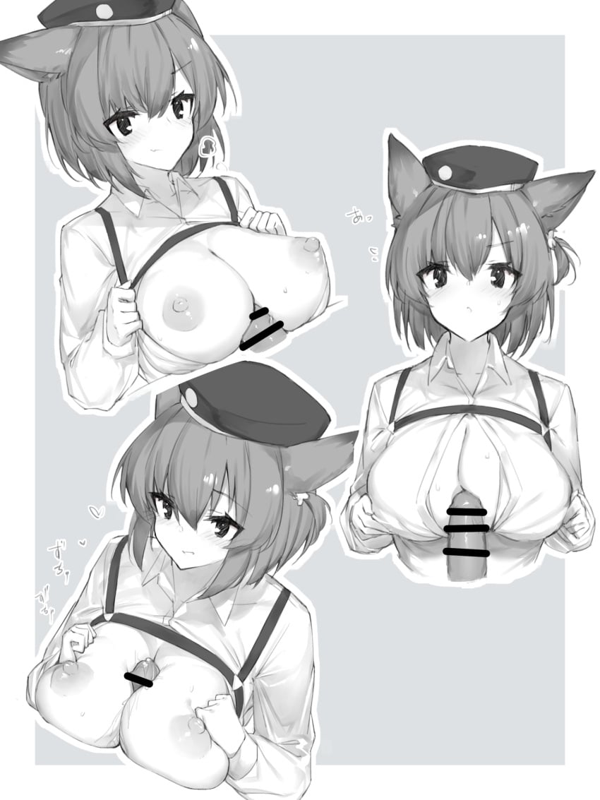 2021 animal_humanoid arknights bodily_fluids breast_play breasts canid canid_humanoid censored clothing cum disembodied_penis duo dur-nar_(arknights) female genital_fluids genitals hair hand_on_breast hat headgear headwear hi_res humanoid hypergryph japanese_text looking_at_viewer male male/female mammal mammal_humanoid nipples paizuri penis sex short_hair simple_background smile studio_montagne text titfuck titjob video_games yki