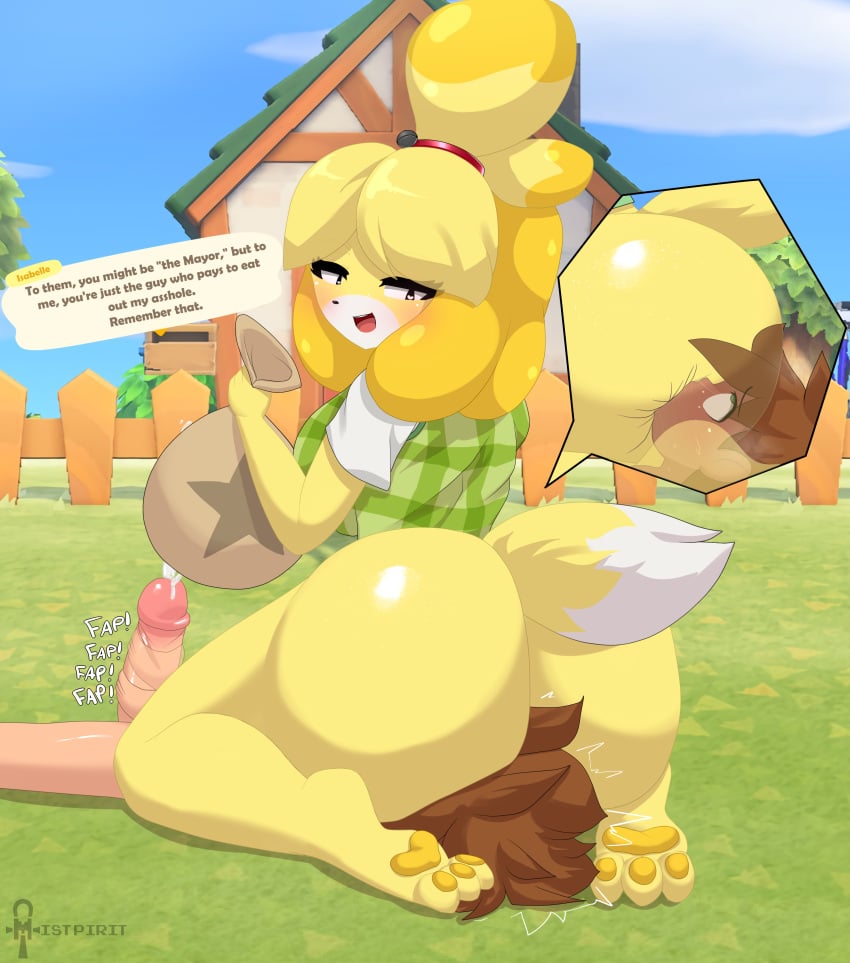 absurd_res animal_crossing anthro ass big_butt big_penis blonde_hair bottomless brown_hair canid canine canis clothed clothing dialogue domestic_dog eating_ass ejaculation facesitting female female_on_top genitals green_eyes hair header header_box hi_res huge_butt human isabelle_(animal_crossing) male male/female mammal masturbation mistpirit nintendo on_top outside penile penile_masturbation penis rimming text text_header video_games villager_(animal_crossing) yellow_body