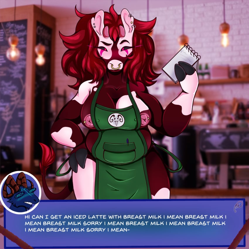 1:1 absurd_res anthro apron apron_only aries_(zodiac) barista beverage big_breasts blush bovid bovine breasts caprine cattle clothed clothing coffee digital_media_(artwork) duo ear_piercing english_text facial_piercing female goat green_apron hair hi_res huge_breasts i_mean_breast_milk iced_latte_with_breast_milk jewelry looking_at_viewer male male/female mammal markings meme mostly_nude multicolored_body nipple_piercing nipples nose_piercing nose_ring piercing ramerooni red_hair septum_piercing speech_bubble spots spotted_body spotted_markings taurus_(zodiac) text topwear unusual_eyes video_games visual_novel western_zodiac