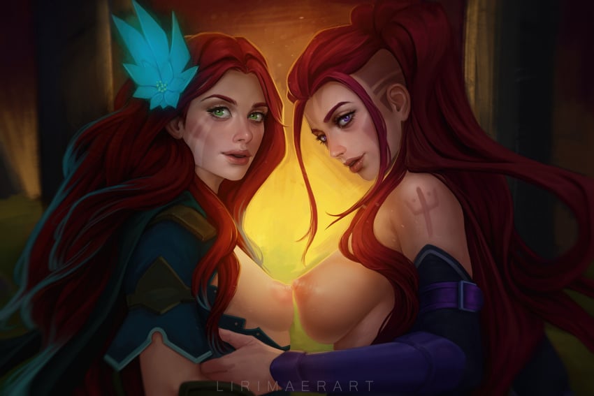 2girls anti-mage anti-mage_persona breast_size_difference breasts digital_media_(artwork) dota_2 female female_only functionally_nude green_eyes lirimaer_art looking_at_viewer multiple_girls nude nude_female purple_eyes red_hair wei_the_antimage windranger yuri