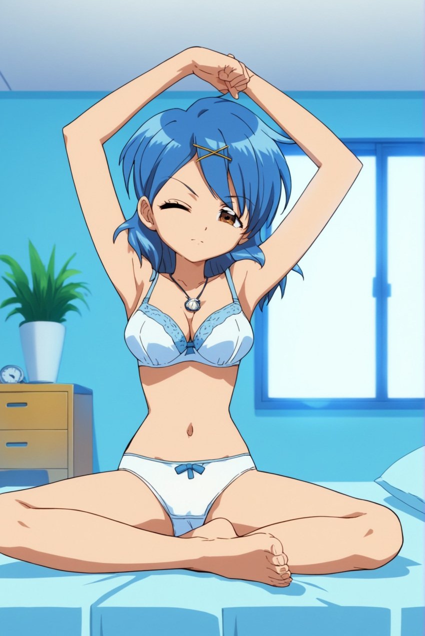 1girls acg1018 ai_generated blue_hair boobs bra breasts brown_eyes feet hanon_hosho housho_hanon light-skinned_female light_skin looking_at_viewer medium_breasts mermaid mermaid_melody_pichi_pichi_pitch panties pendant princess seductive short_hair solo_female tits