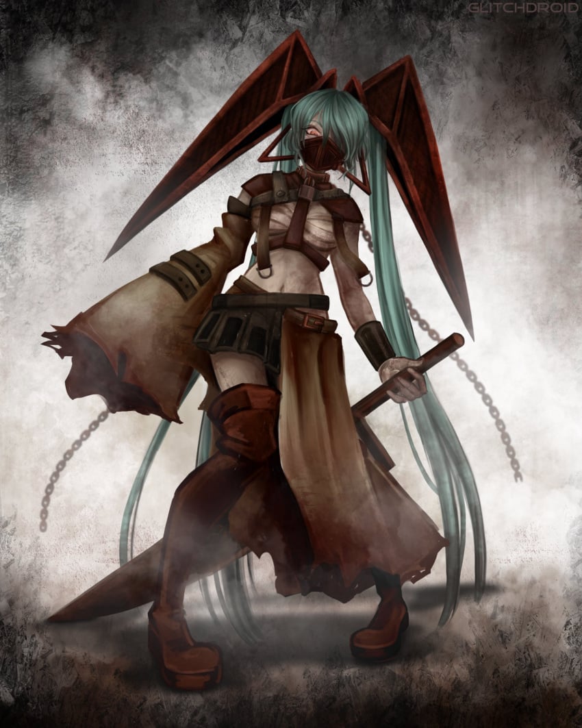 big_breasts blue_hair chains cosplay glitchdroid hatsune_miku knife long_hair pyramid_head red_eyes silent_hill thighs twintails vocaloid weapon