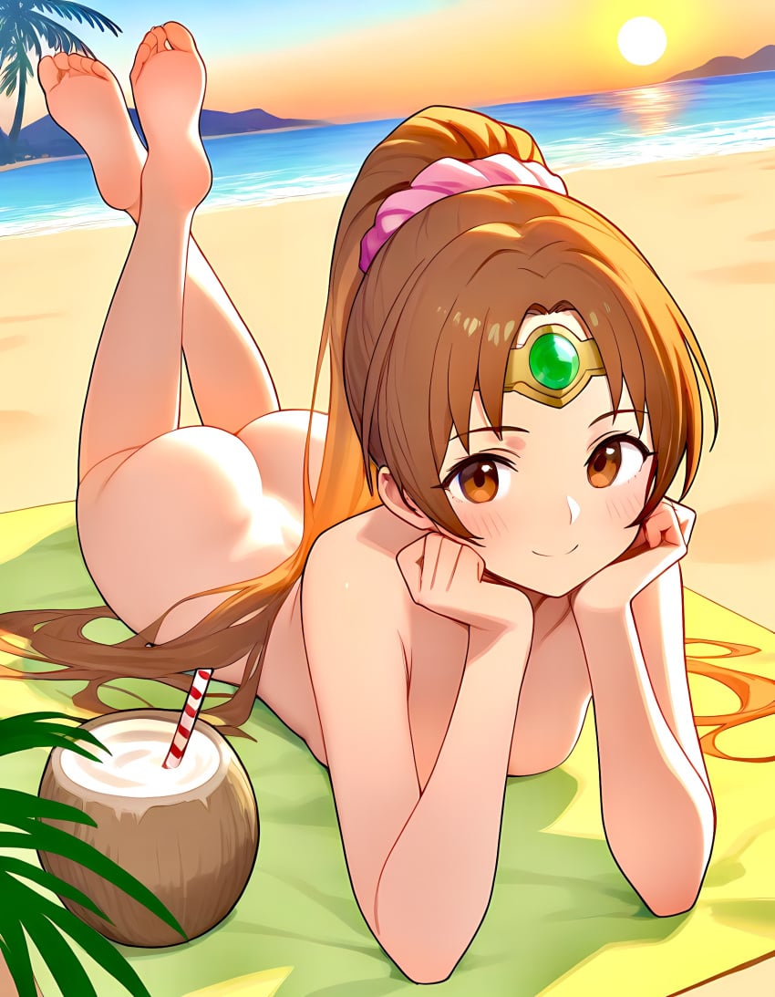 1girls ai_generated ass beach beach_towel blush brown_eyes brown_hair circlet coconut_drink completely_nude feet_up fire_emblem fire_emblem:_mystery_of_the_emblem fire_emblem:_new_mystery_of_the_emblem fire_emblem:_shadow_dragon_and_the_blade_of_light fire_emblem_heroes laying_on_stomach linde_(fire_emblem) looking_at_viewer nedak1234 nintendo nude_female ocean parted_bangs ponytail small_breasts smile solo_focus sunset very_long_hair