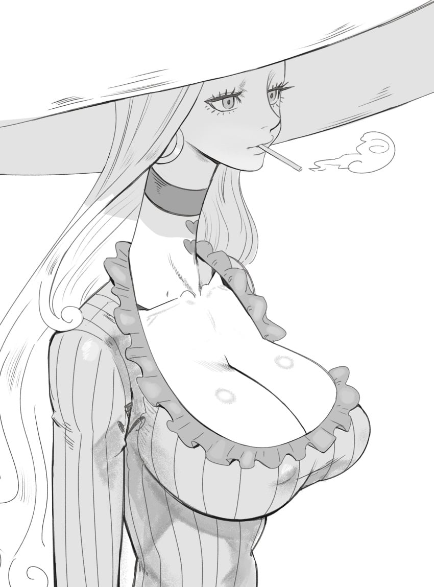 1girls big_breasts breasts charlotte_amande choker cigarette cleavage dress female female_only hat huge_breasts jerrydurd long_neck monochrome nipple_bulge one_piece sketch smoking smoking_cigarette