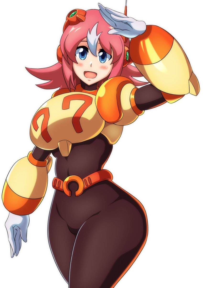 1girls big_breasts black_bodysuit blue_eyes bodysuit bodysuit_under_clothes hand_on_head hand_up happy_face kotatuman_dash mega_man mega_man_x nana_(mega_man) pink_hair robot_girl white_background white_gloves