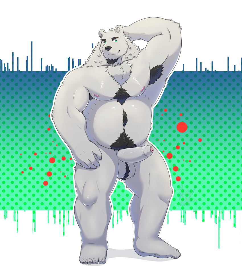 2021 absurd_res anthro armpit_hair balls belly black_nose body_hair erection fur genitals hi_res humanoid_genitalia humanoid_hands humanoid_penis kajin-sama male mammal musclegut nipples overweight overweight_male penis polar_bear pubes solo solo_male ursid ursine white_body white_fur