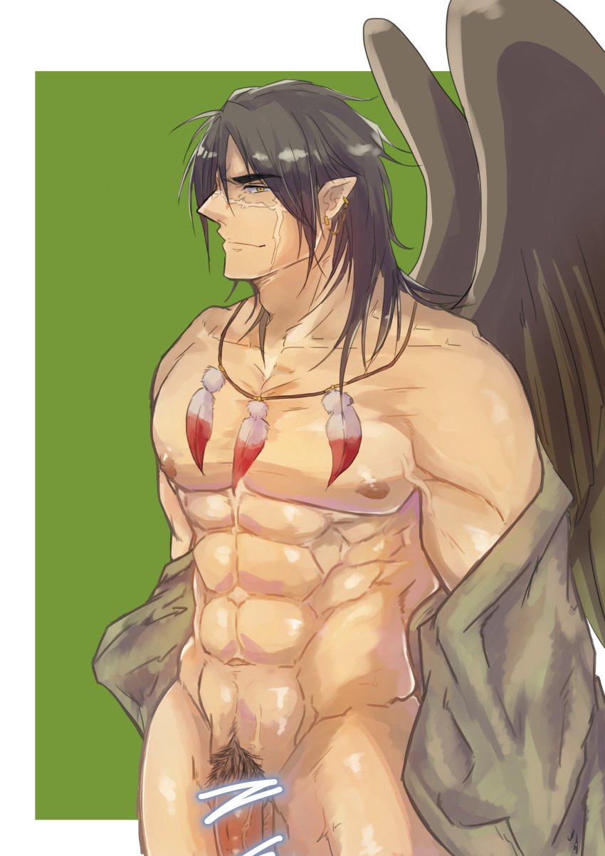 1boy abs absurdres adam's_apple bar_censor bara censored commentary_request feather_necklace fire_emblem fire_emblem:_path_of_radiance fire_emblem:_radiant_dawn flaccid highres jewelry kamabokozin laguz_(fire_emblem) large_pectorals male_focus male_pubic_hair medium_hair muscular muscular_male navel necklace nipples nude pectorals penis penis_out_of_frame pointless_censoring pointy_ears profile pubic_hair scar scar_on_face solo tibarn_(fire_emblem) veins wings yellow_eyes