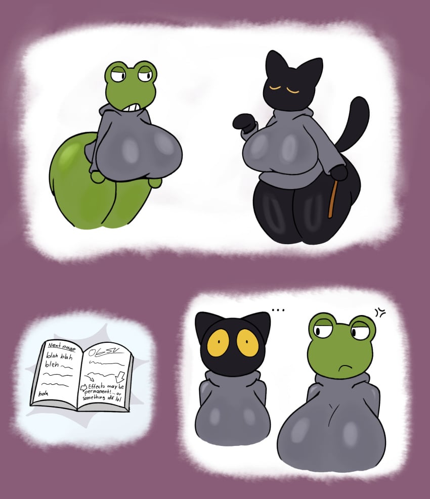 absurd_res amphibian angry anthro ass big_breasts big_butt black_body book bottomless breasts clothed clothing digital_media_(artwork) domestic_cat duo felid feline felis female frog froggy_(google) google google_doodle green_body halloween hi_res holidays huge_breasts huge_butt magic_cat_academy mammal momo_(google) obsuniq partially_clothed robe simple_background text thick_thighs wide_hips