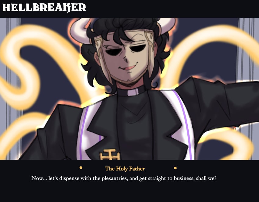 1male absurd_res black_hair commission dark_skinned_male dialogue digital_media digital_media_(artwork) doocen doocen_(doocen) facemask helltaker horns imminent_sex mask priest short_hair tentacles text